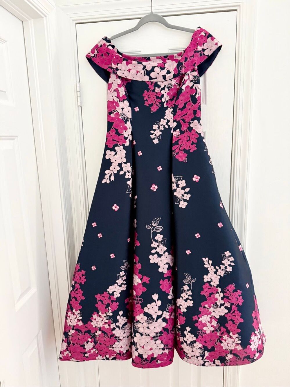Adrianna Papell Floral Jacquard Ankle Length Dress Off The Shoulder Neckline 8